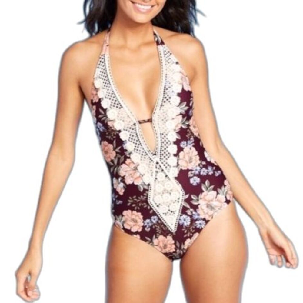 Kona Sol Women's Swim Bathing Suit One Piece Crochet Halter Top Medium Floral